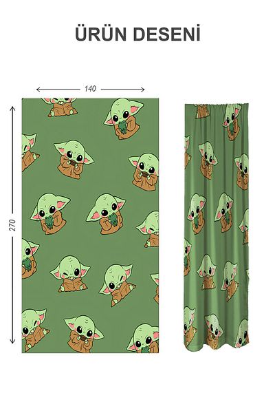 Doruklar Home Collection Digital Printing Washable Baby Yoda Patterned 2 Wings Baby and Children's Room Background Curtain