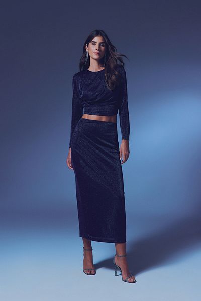 Sateen Glitter Midi Skirt - Dark Blue