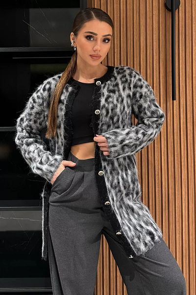 GÜLSELİ Black and Gray Women's Leopard Decorated Sweater Cardigan