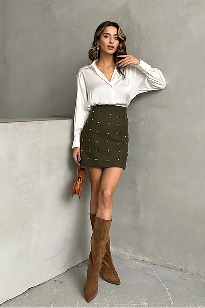 Ecenin Favorileri Fusta mini din piele intoarsa kaki Stash Stone