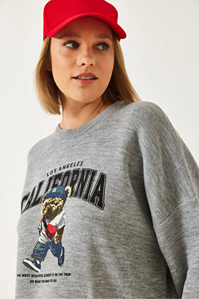 Bianco Lucci Women's Teddy Bear Printed Crew Neck Oversize Knitwear Sweater 60261130