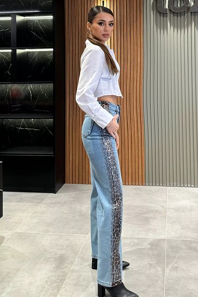 GÜLSELİ Ice Blue Women's Leopard Print Wide Leg Jeans