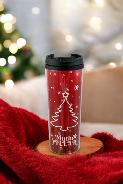 Zemtigo Büyük Boy Kırmızı Mutlu Yıllar Plastik Termos Kupa Bardak 350 ML Yılbaşına Özel Tasarımlı