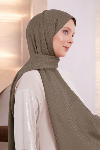 ihvanonline Γυναικείο σάλι ορθογώνιο Hijab με μπλε ζακάρ σχέδιο - ανοιχτό καφέ