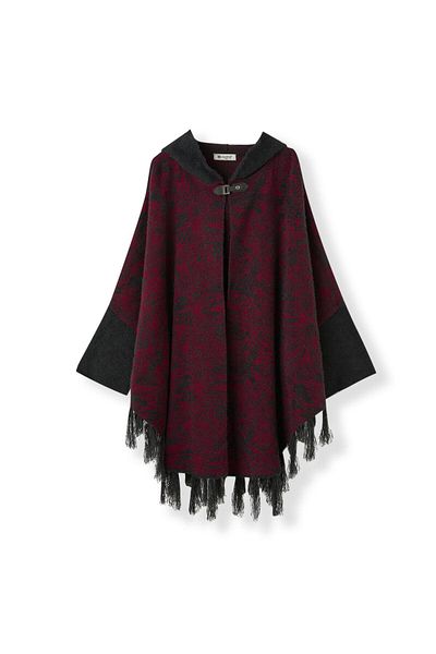Uludağ Triko Women's Black Burgundy Hooded Towel Poncho