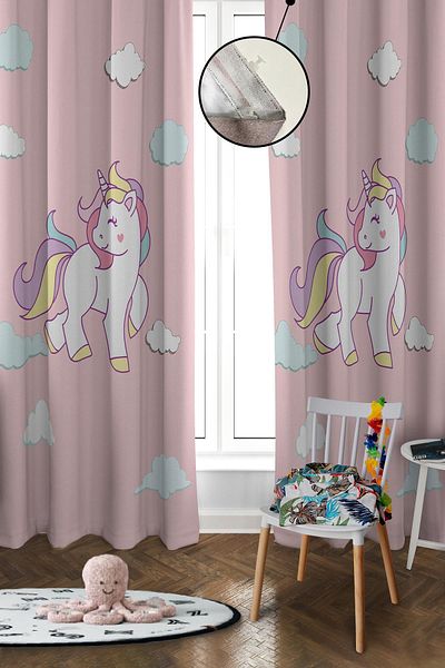 Doruklar Home Collection Digital Printing Washable Unicorn Pattern 2 Wings Baby and Children's Room Background Curtain