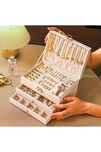 MSALIŞVERİŞ صندوق مجوهرات فاخر بسعة كبيرة مع قفل - أبيض