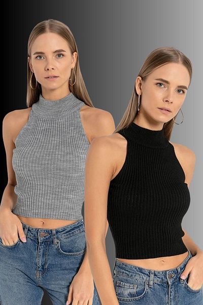 Miss Poem Women's 2-Piece Turtleneck Basic Crop Knitwear Sweater