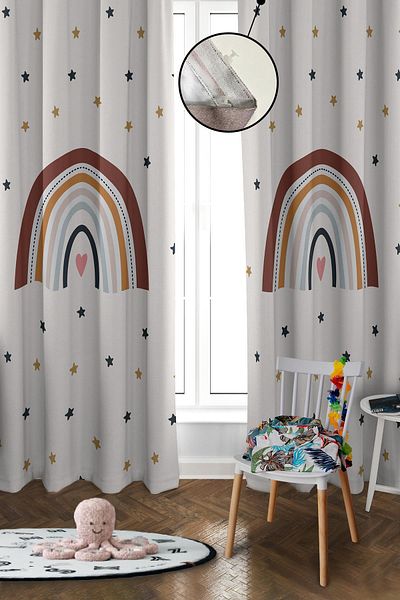 Doruklar Home Collection Digital Printing Washable Rainbow Pattern 2 Wings Baby and Children's Room Background Curtain