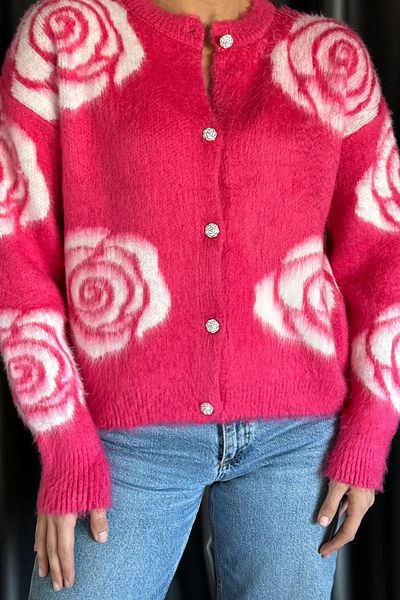 GÜLSELİ Fuchsia Women's Rose Patterned Buttoned Knitwear Cardigan