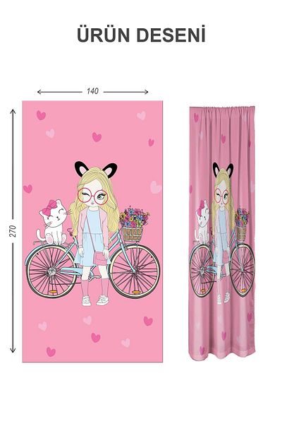 Doruklar Home Collection Digital Printing Washable Cat and Girl Pattern 2 Wings Baby and Children's Room Background Curtain