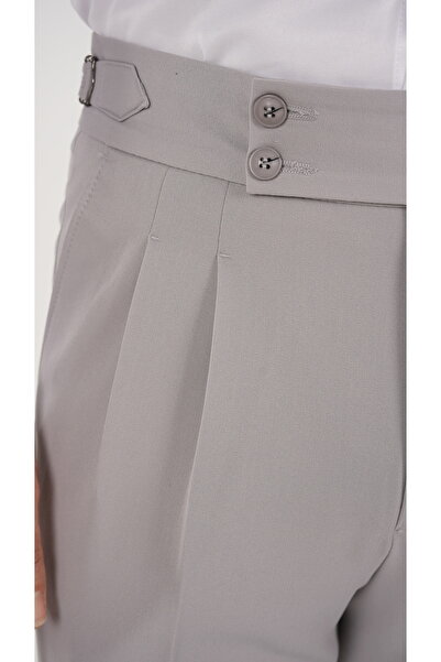 LONATOLİA Erkek Regular Fit Yüksek Bel Piliseli-Tokalı Kumaş Pantolon-Açık Gri