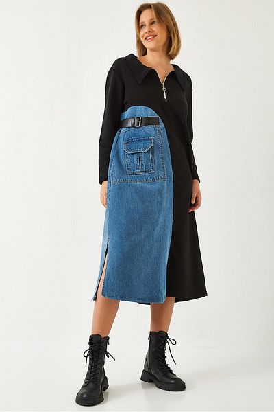 Bianco Lucci Damen Denim Detailliertes Langes Kleid 8130 60261134