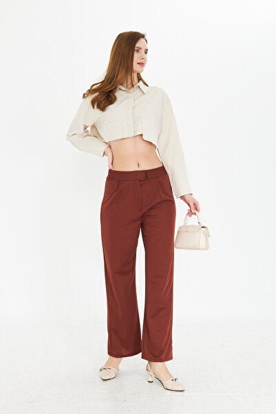 Kutaf Kahverengi Wide Leg Geniş Paça Çırt Çırt Kapamalı  Pile Detaylı Yüksek Bel Dokuma Kumaş Pantolon