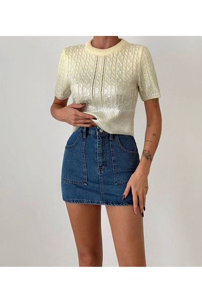 OYERGA MODA Pulover strălucitor cu mânecă scurtă pentru femei