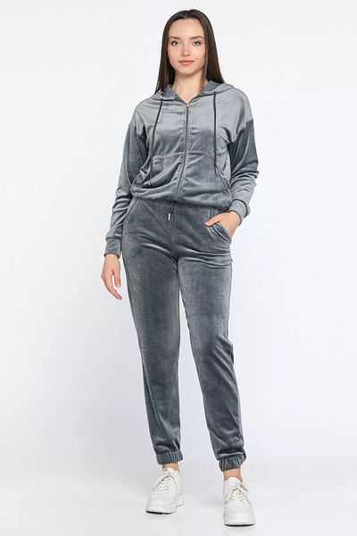 GÜLSELİ Gray Women's Velvet Hooded Zippered Sweat Pants Double Set