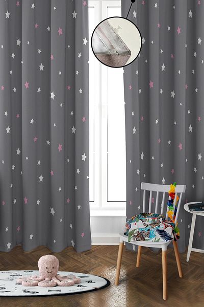 Doruklar Home Collection Digital Printing Washable Star Pattern 2 Wings Baby and Children's Room Background Curtain
