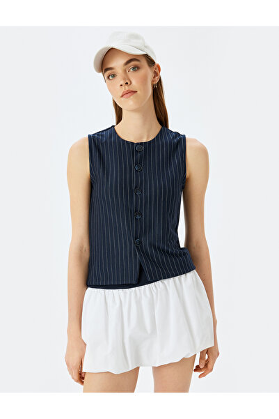 Koton Striped Button Detailed Crew Neck Sleeveless Vest