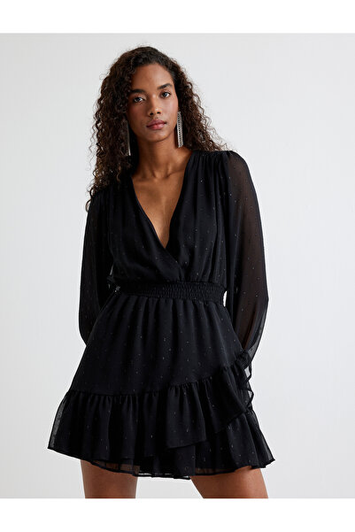 Koton Mini Volanlı Elbise Uzun Kollu Kruvaze Yaka Beli Büzgülü
