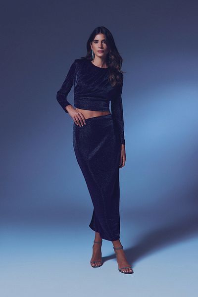 Sateen Glitter Midi Skirt - Dark Blue