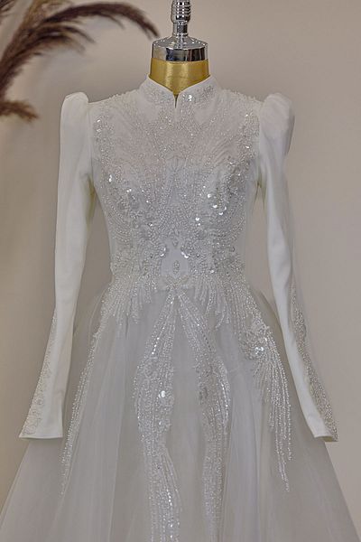 PİENNAR Front Draped Applique Embroidered Asian Evening Dress
