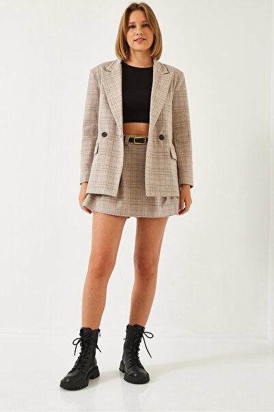 Bianco Lucci Women's Plaid Patterned Skirt with Belt and Shorts 60261128