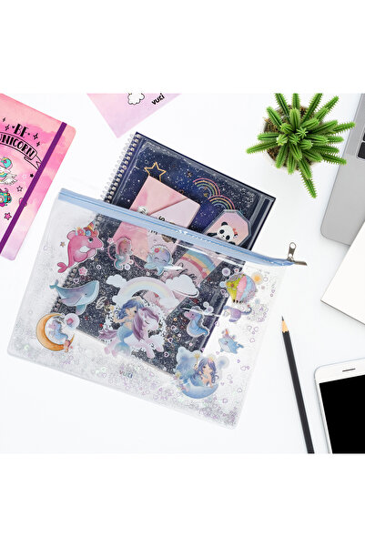 VUKİ Deniz Kızı Simli ve Sulu Fermuarlı Şeffaf A4 Dosya