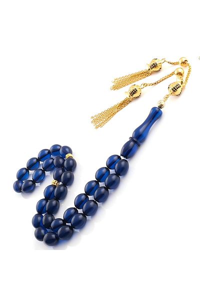TESBİHCİBABA Saphire Azure Gold - Tasseled Drop Amber Rosary