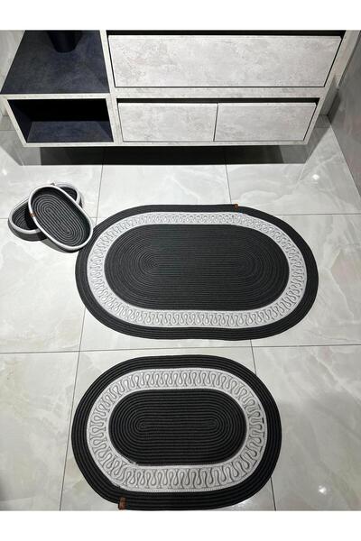 Türkmen Ev Tekstil طقم سجادة حمام وسلة من الجوت والخوص باللون الرمادي