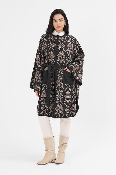 Uludağ Triko Women's Anthracite Belt Detailed Ethnic Pattern Knitwear Poncho