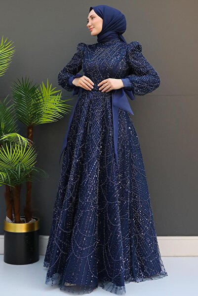 GİYZAMİLA Selver Hijab Evening Dress Navy Blue