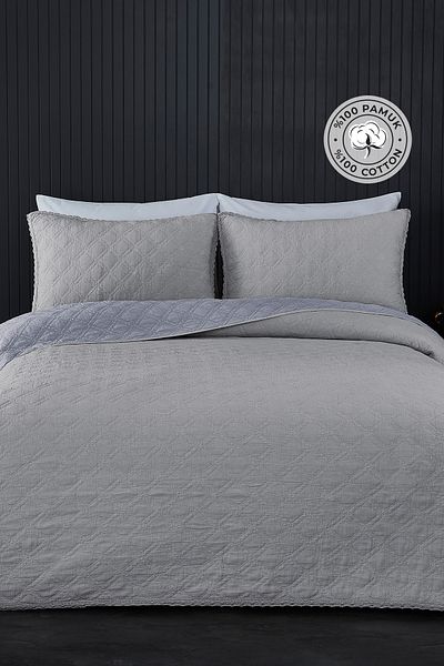 Evlen Home Collection 100% Cotton Double Pique Set Special Stone Washed Bedspread Barbara 3 Piece Luxury Soft Gray
