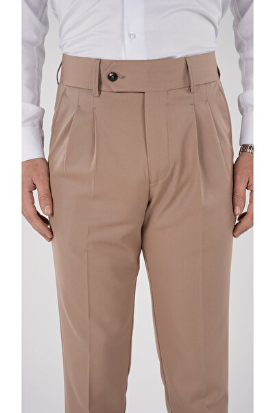 LONATOLİA Erkek Regular Fit Yüksek Bel Piliseli Tokalı Kumaş Pantolon-Taba