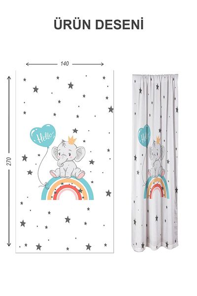 Doruklar Home Collection Digital Printing Washable Rainbow Elephant Pattern 2 Wings Baby and Children's Room Background Curtain