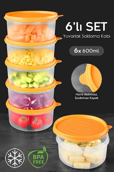 Meleni Home Orange Round Food Storage Set of 6 - Food Container 6X600Ml Organizer Organizer