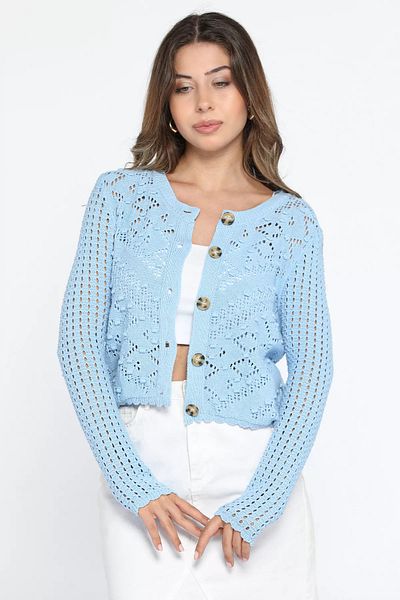 GÜLSELİ Tricotaj albastru cu model ajurat Cardigan de damă - în relief, nasturi în față