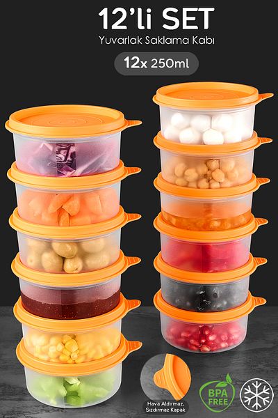 Meleni Home Orange Round Food Storage Set of 12 - Food Organizer Container 12X250Ml