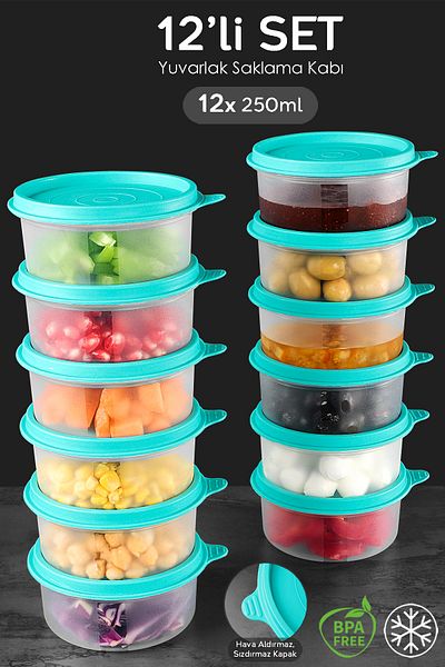Meleni Home Set of 12 Green Food Container - Organizer Storage Organizer, 250ml Round Food Box