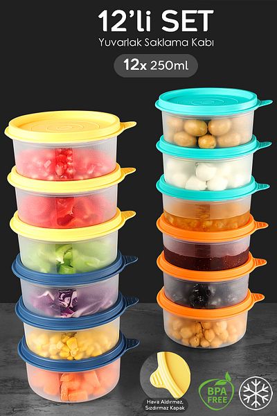 Meleni Home Colorful Round Food Storage Set of 12 - Food Organizer Container 12X250Ml