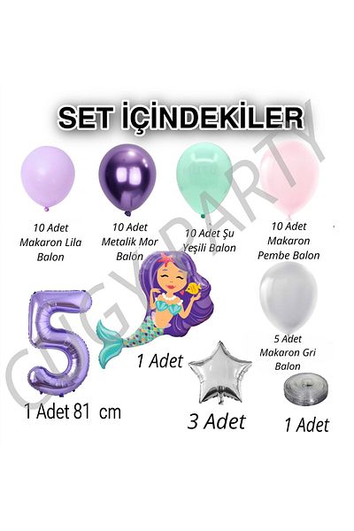 CUGY Mini Mermaid Themed Birthday Party Celebration Set in Purple and Pink Colors with 5 Age Options