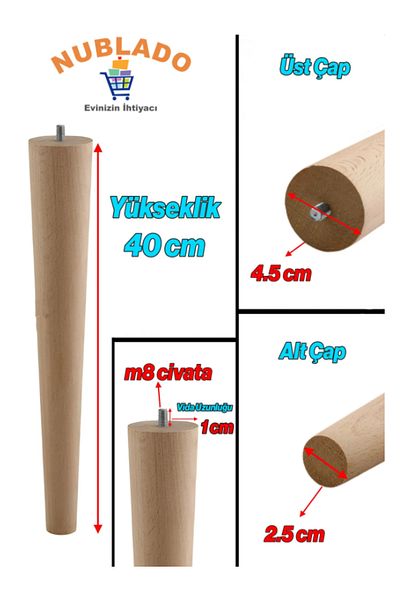 NUBLADO Wooden Furniture Leg with 4 Devices 40 cm Coffee Table Zigon Center Table Pouf Stool Tv Unit Legs M8.