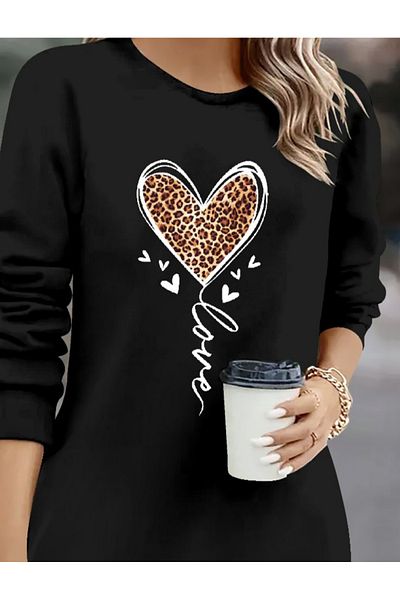 Miracle Omni Women's Long Sleeve Crew Neck Heart Print Short Viscose Dress