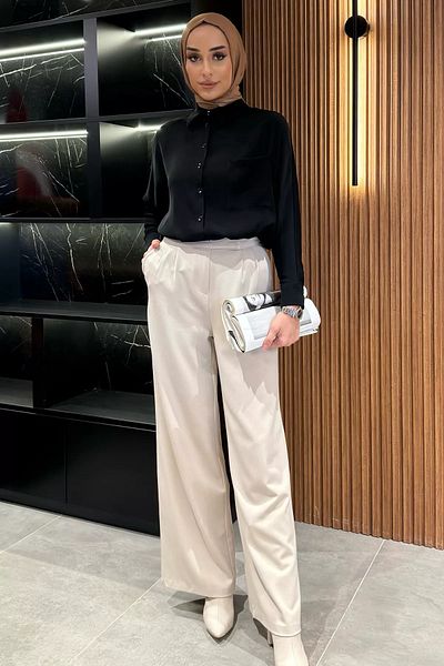 julude Μπεζ γυναικείο ψηλόμεσο Velcro φαρδύ παντελόνι Palazzo Hijab
