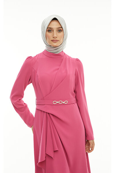 Setrms Fuşya Kemeri Taş Detaylı Volanlı Elbise 2425028