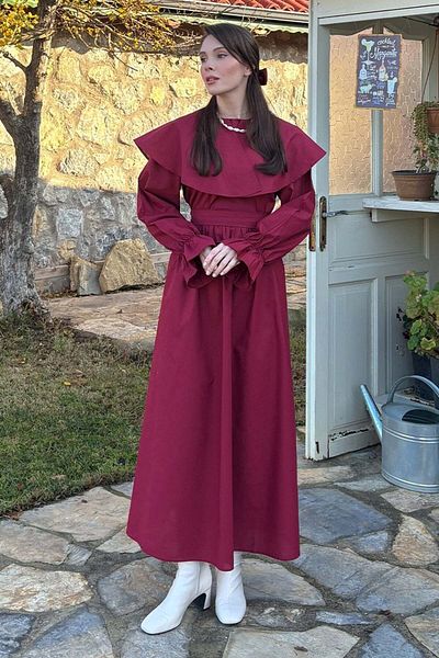 Ceylan Otantik Rochie cu mâneci salate cu guler larg burgundy