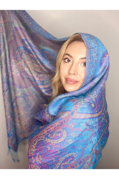 Çeşme Home Blue Cashmere and Silk Mixed Original Pashmina Women's Shawl Scarf