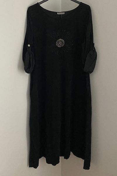 AYASOFYA OTANTIK Women's Italian Black Floral Sequined Oversize Loose Foldable Long Sleeve Velvet Long Dress