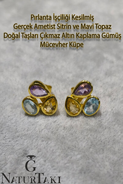 Naturtakı Sitrin Ametist ve Mavi Topaz Doğal Taşlı Gümüş Üzeri Saf Altın Çıkm...