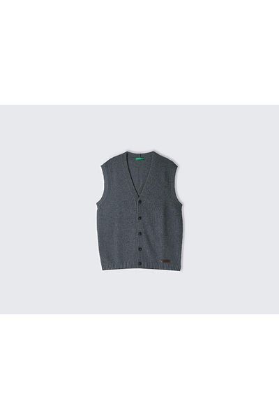 United Colors of Benetton Men's Anthracite Melange Wool Blended Buttoned Logo Detailed Vest