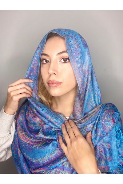 Çeşme Home Blue Cashmere and Silk Mixed Original Pashmina Women's Shawl Scarf